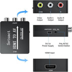 Setuact HDMI to AV Converter, HDMI to RCA Converter, Supports PAL/NTSC for Apple TV, Roku, Fire Stick, Blu-ray, DVD Player, Older TV, Projector, (with Male RCA Cables)