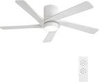 WINGBO 48 Inch Flush Mount DC Ceiling Fan with Lights and Remote, 5 Reversible Carved Wood Blades, 6-Speed Noiseless DC Motor, Hugger Ceiling Fan in White Finish, Low Profile Ceiling Fans, ETL Listed