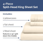 Split Head King Sheet Set – 4 Piece Flex Split Top King Sheets for Adjustable Beds - Fits 14” to 16" Mattress w/ Deep Pockets - Soft, Breathable & Cooling - Luxury Bedding and Wrinkle Free - Off White