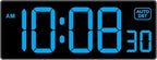 Soobest LED Wall Clock Digital Clock with Seconds, Electric Plug in Large Big Numbers Clock 5 Dimmers Wall Mount for Living Room, Auto DST, 10 Inches (Blue)