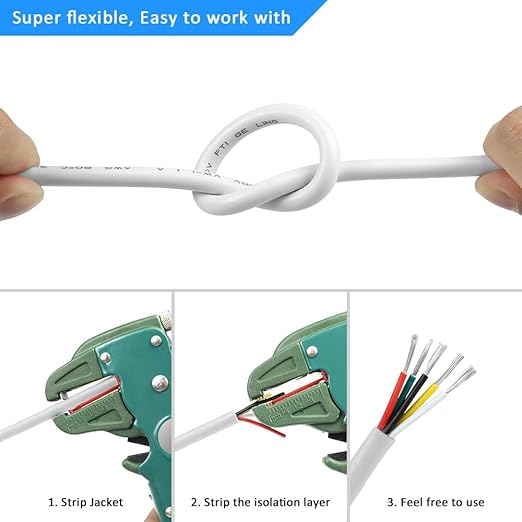 22 Gauge 5 Conductor Electrical Wire, 65.6FT White Stranded Low Voltage 22/5 PVC Case, 22 AWG Tinned Copper 5 Wire Extension Power for Strips LED Lamp Lighting