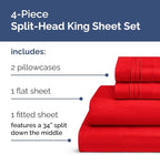 Split Head King Sheet Set – 4 Piece Flex Split Top King Sheets for Adjustable Beds - Fits 14” to 16" Mattress with Deep Pockets - Ultra-Soft, Breathable & Cooling - Luxury Bedding & Wrinkle Free - Red