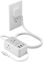 TESSAN Small Flat Plug Power Strip with 1 PD20W Retractable USB C Cable, 5 ft Ultra Thin Extension Cord with 3 AC Outlets 3 USB Ports, 5 ft Slim Plug for Cruise Ship Travel, Dorm, Home Office