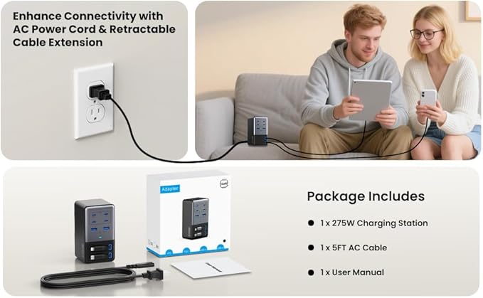 USB C Charger 275W Charging Station with Retractable Dual Cables,Upgraded 8-in-1 GaN IV Fast Charging Hub Block+PD QC PPS 65W Laptop Adapter for MacBook Pro/Air,iPad,iPhone 17/Pro,Galaxy S24,Dell-Navy
