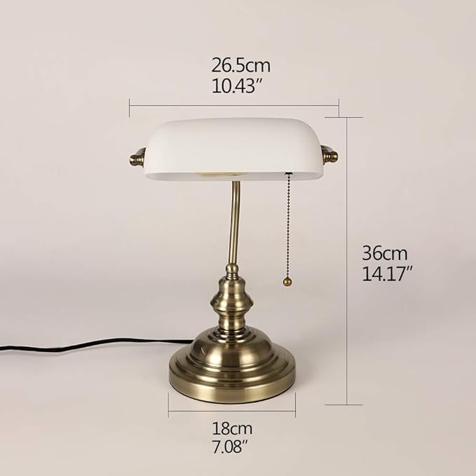 Newrays Glass Bankers Desk Lamp with Pull Chain Switch Plug in Fixture,Satin Brass Finish (White)