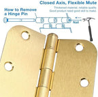 6 Pack Rounded Door Hinges 3.5 inch X 3-1/2" 5/8 Radius, Brushed Brass 3 ½ Inch Satin Gold Interior Standard Hinge for Bedroom Wood/French Style Clear Glass Doors Easy Install Hardware Accessories