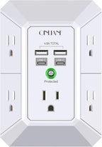USB Wall Charger, Surge Protector, QINLIANF 5 Outlet Extender with 4 USB Charging Ports (4.8A Total) 3-Sided 1680J Power Strip Multi Plug Outlets Wall Adapter Spaced for Home Travel Office(2U2C),White