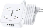 10Ft Surge Protector Power Strip - CHCORE Flat Plug Extension Cord with 8 Outlets and 4 USB Ports(2 USB C), 3 Side Wall Mount Outlet Extender for Home Dorm Room Essentials, ETL Listed, White