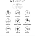 IHAO 7in1 Multifunctional Digital Alarm Clock with 15W Fast Wireless Charger Bluetooth Speaker LED Display Clock FM Radio TF Card, AUX Input, USB Port Dual Alarm for Bedroom and Office-BT510 White