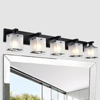 WINSHEN 5-Lights Bathroom Light Fixtures, Matte Black Modern Vanity Lights with Rectangular Frosted Glass for Over Mirror Dressing Table, E26 Bulb Base