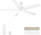 POCHFAN 52 inch White Ceiling Fans with Lights and Remote, Reversible 5 Blades Modern Ceiling Fan for Bedroom, Living Room, Dining Room, LED 3 CCT 6-Speed Noiseless, ETL Listed