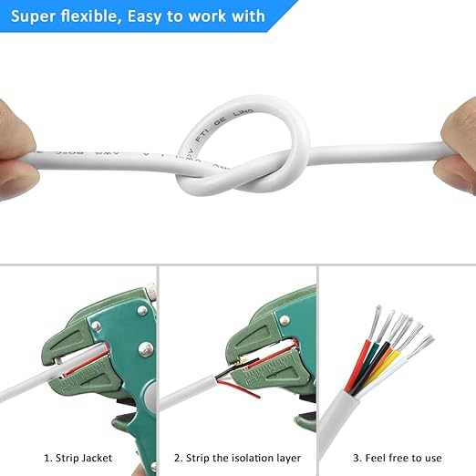 18 Gauge 6 Conductor Electrical Wire, 32.8FT White Stranded Low Voltage 18/6 Cable PVC Case, 18 AWG Tinned Copper 6 Wire Cable Extension Power Cable for Strips LED Lamp Lighting Automotive