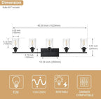 WINSHEN 40 Inches Length Black Bathroom Lighting Fixtures, 5-Light Modern Industrial Wall Sconce Vanity Light Fixture with Seeded Glass for Bedroom Over Mirror
