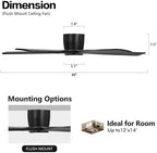 WINGBO 48" Flush Mount DC Ceiling Fans Without Lights, 5 Carved Solid Wood Blades, 6-Speed Reversible DC Motor, Low Profile Hugger Ceiling Fan No Lights for Living Room Bedroom Patio, Matte Black