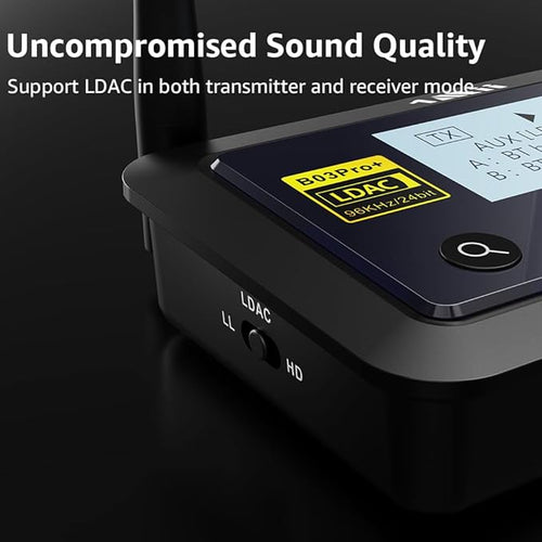 1Mii B03Pro+ Bluetooth 5.3 Transmitter Receiver Certified LDAC for TV Home Stereo, Long Range Bluetooth Extender Wireless Audio Adapter with Screen, Optical RCA AUX 3.5mm Outputs/Inputs