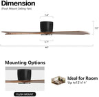 WINGBO 48" Flush Mount DC Ceiling Fans without Lights, 5 Carved Solid Wood Blades, 6-Speed Reversible DC Motor, Low Profile Hugger Ceiling Fan No Lights for Living Room Bedroom Patio, Black and Walnut