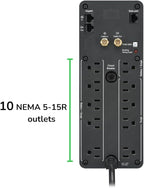 APC UPS 1500VA Sinewave UPS Battery Backup, BR1500MS2 Backup Battery Power Supply, AVR, 10 Outlets, (2) USB Charger Ports