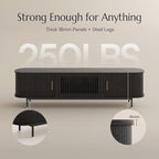 POVISON Sliding Tambour Door TV Stand, Mid Century Modern Sintered Stone TV Console, Wood Media Console for 85 Inch TV, Entertainment Center with Storage Cabinet, Fully-Assembled (Black, 94.49")