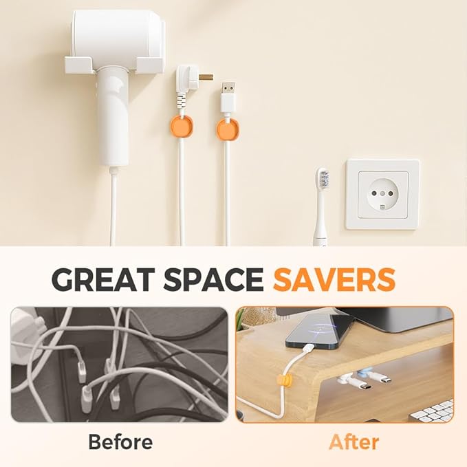 Magnetic Cord Organizer Holder, Upgrade Cord Holder for Nightstand, Adhesive Wire Cable Clips Management Kit for Phone Charger, Computer, Home, Office, Desk, Nightstand (Orange, 6 Packs)