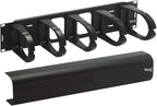 ICC 2U Ring Cable Manager Panel with Cover, Plastic with Metal Back Frame, 4" D-Rings, Horizontal Cable Management, Rackmount for 19” Network Racks, Black, Single Pack