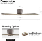 WINGBO 54" Flush Mount DC Ceiling Fans without Lights, 5 Carved Solid Wood Blades, 6-Speed Reversible DC Motor, Low Profile Hugger Ceiling Fan No Light for Living Room Bedroom Patio, Graphite and Gray