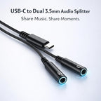 Mizi USB C to Dual 3.5mm Headphone Splitter, 2-Port Audio Adapter for iPhone 15/16/17 Pro, Galaxy S24/S25 Ultra, Pixel, iPad Pro - Share Music & Podcasts - Black