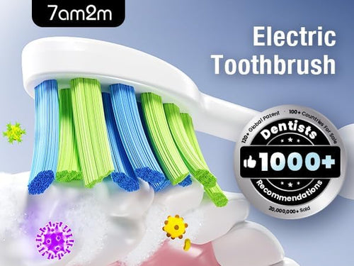 7AM2M Ultrasonic Electric Toothbrush with 6 Brush Heads for Adults&Kids, Type C Rechargeable, One Charge for 120 Days, 5 Modes&40000VPM Powered Toothbrush, 2 Minutes Built in Smart Timer (Navy Blue)