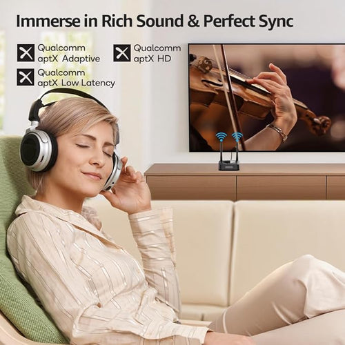 1Mii B06TX+ Long Range Bluetooth 5.2 Transmitter for TV/PC/Projector to 2 Wireless Headphones/Speakers, Bluetooth Adapter for TV w/Screen Display, Plug n Play, aptX Low Latency & Adaptive & HD Audio