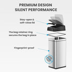 iTouchless 50 Liter / 13 Gallon Kitchen Trash Can with AC Adapter, Lid & Odor Filter – Motion Sensor Stainless Steel Garbage Bin for Home, Office, or Garage – Slim, Large Capacity Design