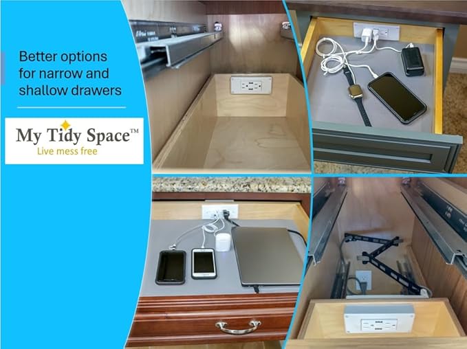 My Tidy Space Low Profile Combo (1) USB-A (1) USB-C (2) 15 Amp in Drawer Docking Station Outlet Plugs with Retractable arm