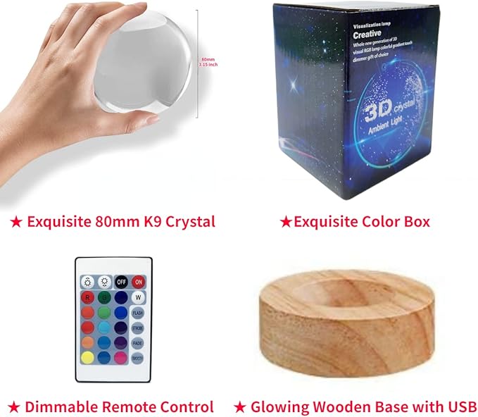 Panda Crystal Ball Lamp,3.15 inch 3D K9 Crystal Ball Panda Night Light,16 Colors Changing Light,Dimmable Remote Control,Panda Lamp Gift (L)