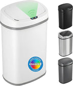 iTouchless 13 Gallon Oval Sensor Trash Can with Odor Filter, Automatic Motion Sensor Kitchen Bin, Soft-Close White Steel, Slim Curved Design for Nursery, Bathroom & Clinic