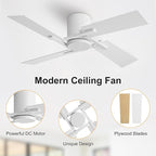 WINGBO 48 Inch Flush Mount Ceiling Fan without Light - 4 Plywood Blades, 6-Speed Reversible DC Motor, Noiseless Low Profile Ceiling Fan No Light for Bedroom Living Room, White and Oak/White