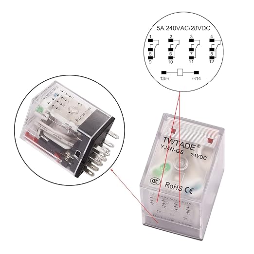 TWTADE/DC 24V Relay 5A Electromagnetic Power Coil Relay 14 Pins 4PDT 4NO+4NC HH54P MY4J with Indicator Light & Socket Base -YJ4N-GS