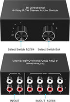 4-Way Stereo Audio Switcher, Bi-Directional Audio Selector Box for Blu-ray Players or DVD Players Active Speakers (2In-4Out/4In-2Out)