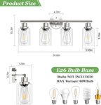 Guliaofo 4-Light Nickel Bathroom Light Fixtures, E26 Modern Vanity Lights for Bathroom with Clear Glass Shade, Wall Lamps for Mirror Hallway Kitchen Cabinet Living Room Sconces Lights