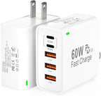 2Pack USB C Fast Charger Block, Total 60W 5-Port USB C Wall Charger 30W Type C Charging Block, 2USB C+3USB A PD 3.0 Multiport Charging Cube for iPhone 17 16 15 14 Pro Max, G-alaxy S25 S24 Ultra, i Pad
