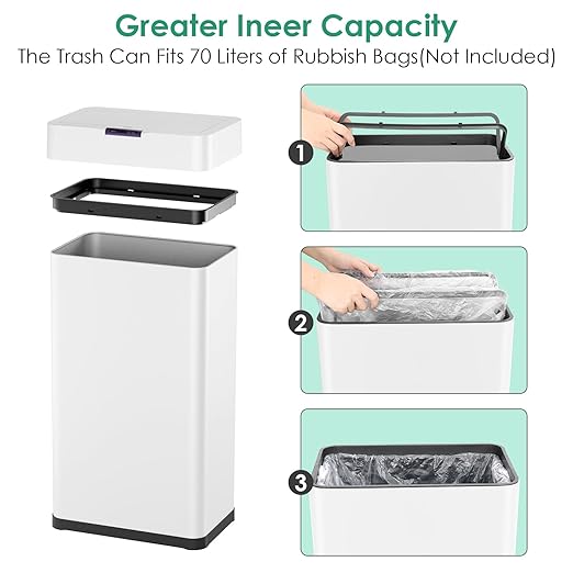 Arlopu Automatic Trash Can,Sensor Motion Stainless Steel Garbage Bin, Touchless Smart Waste Bin, W/Stay-Open, Soft Close Lid, Display Light for Kithchen, Living Room, Office (White, 21.1gal)