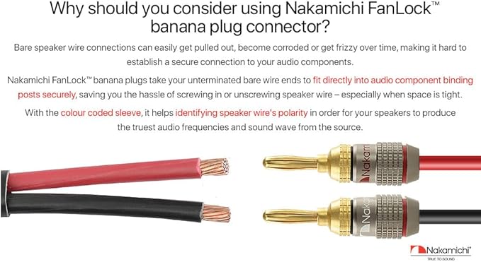 Nakamichi FanLock Excel Series 24k Gold Plated Banana Plugs 10 AWG - 18 AWG Gauge Size 4mm for Speakers Amplifier Hi-Fi Stereo Home Theatre Radio Audio Wire Cable Quick Connector, 48 Pcs (24-Pairs)
