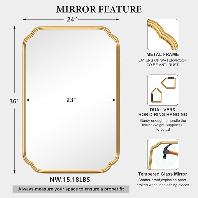 Gold Bathroom Vanity Mirror for Wall 24" x 36" Modern Rounded Rectangle Mirror with Metal Framed Mirrors for Over Sink Wall Decorative (Horizontal/Vertical)
