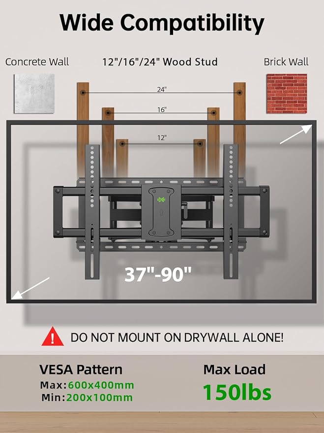 USX MOUNT UL Listed Full Motion TV Wall Mount for 37-90 Inch TVs up to 150 lbs, TV Mount Bracket with Articulating Arms Pre-Assembled, Swivel and Tilt, Fits 16",18, 24" Wood Studs, Max VESA 600x400mm