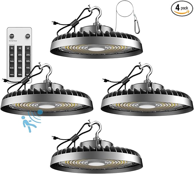 ACOHOOK Smart 300W High Bay LED Shop Lights 45000lm Commercial Bay Lighting with Normal Mode & Motion Sensor Mode AC100-277V UFO Lights for 30-50FT Height-4Pack
