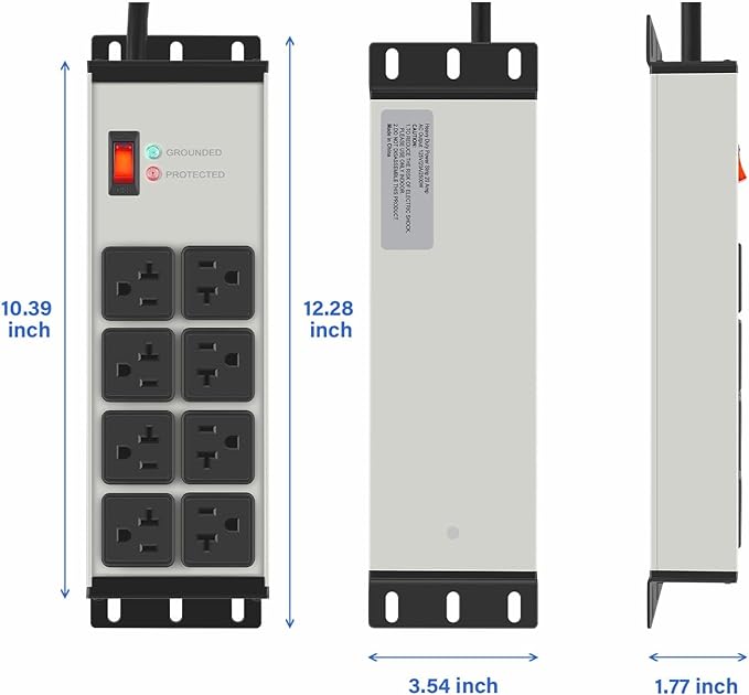 CCCEI Heavy Duty Power Strip Surge Protector 20 AMP, 8 Outlets 12 Gauge Industrial Shop Garage Metal Multiple Outlets, 15 FT Extension Cord 5-15P Adapter High Amp 6-20R T-Slot 20a for Appliance