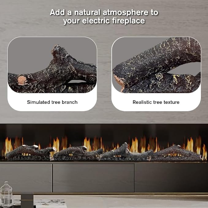 Electric Fireplace Wall Fireplace Recessed Electric Fireplace Fake Fireplace Logs Synthetic Resin Decoration Electric TransparentLogs Flame Suitable for 68" Electric Fireplaces 7Pieces