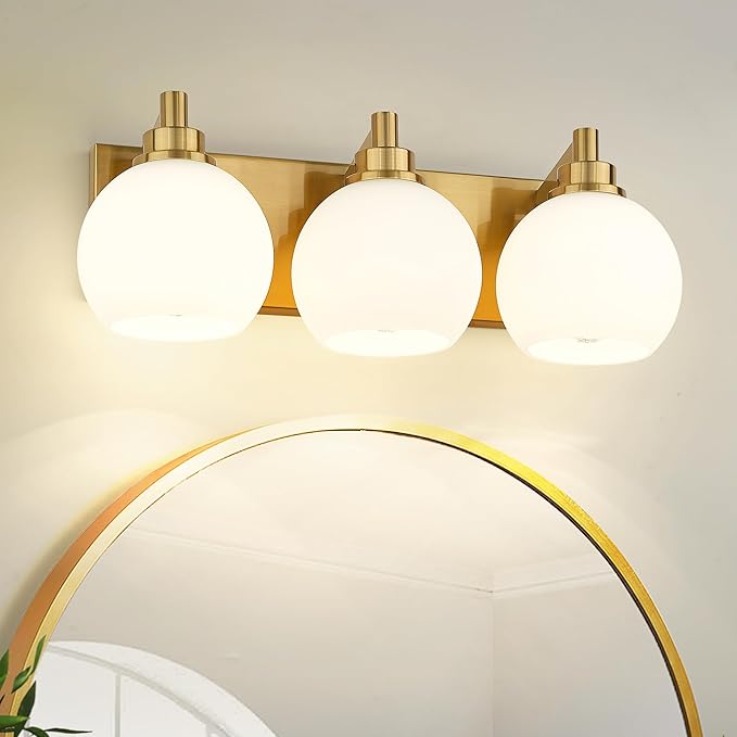 METWET Bathroom Light Fixtures, 3-Light Brushed Gold Vanity Light, Modern Wall Sconces with Milk White Globe Glass Shade, Vanity Lighting Fixtures Over Mirror, VL195-BG-ML-3