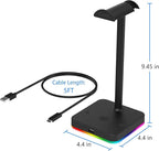 KAFRI RGB Headphone Stand with USB Hub Desk Gaming Headset Holder Hanger Rack with 1 USB2.0 Extension Charging Port Extender Cord - Suitable for Gamer Desktop Table Game Earphone Accessories, Black