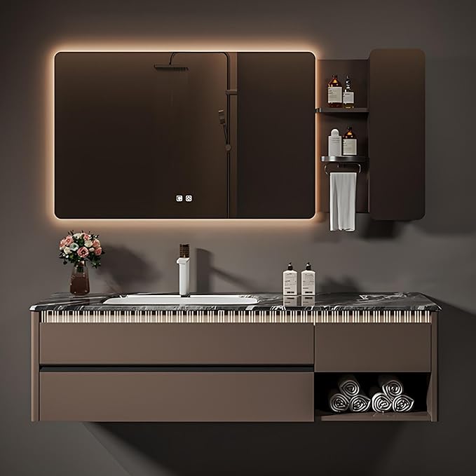 Modern Bathroom Vanity - Spacious Deep Sink | Defogging LED Mirror & Human Body Sensor Light, Open Side Panel, Floating Smart Bathroom Vanities (60IN)