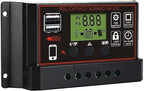 Solar Charge Controller, Solar Panel Charge Controller Intelligent Regulator with Dual USB Port 12V/24V, Auto Paremeter Adjustable LCD Display PWM（Black, 30A）