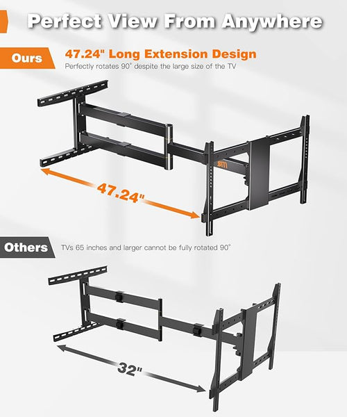 47” Extra Long Arm TV Wall Mount for 37-80 Inch TV, Full Motion Corner TV Mount with Extension Articulating Arm Swivel and Tilt, Max VESA 600x400mm, Fits 16" 18" Studs Up to 99 lbs