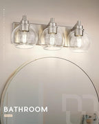 METWET Bathroom Light Fixtures, 3-Light Brushed Nickel Vanity Light, Modern Wall Sconces with Globe Clear Glass Shade, Vanity Lighting Fixtures Over Mirror, VL195-BN-CL-3